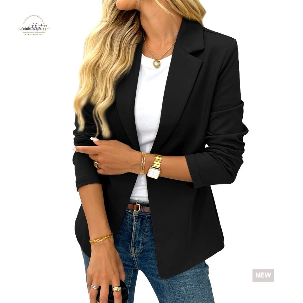 Stretchy Knit Long Sleeve Blazer, Business Casual Open Front Office Jacket